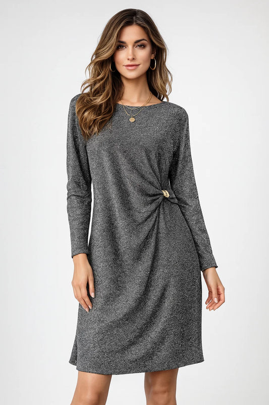 Сребриста рокля с фин блясък и асиметричен акцент – Silver Knot-рокли-6Sense