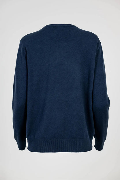 Тъмносин пуловер фино плетиво с обло деколте - Essential Soft-пуловери-6Sense