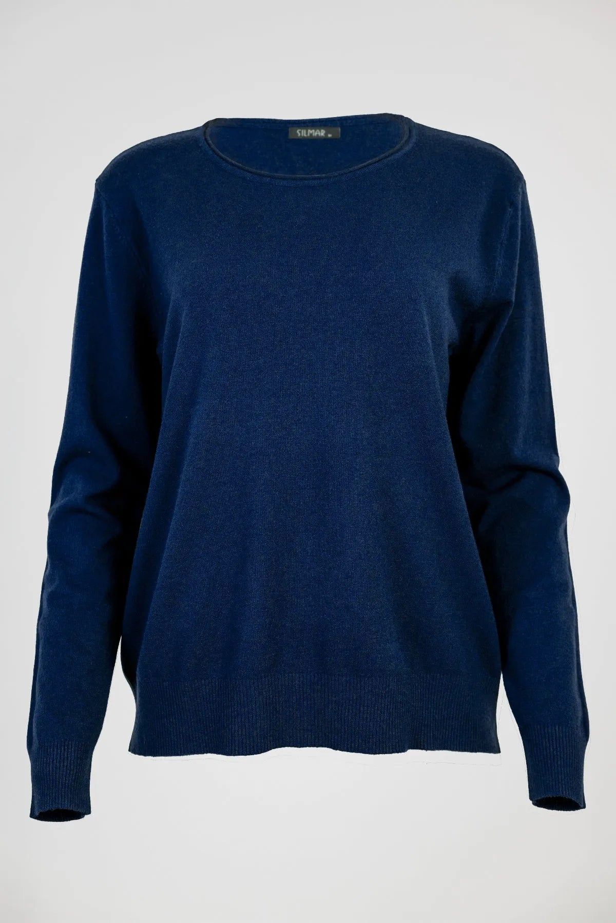 Тъмносин пуловер фино плетиво с обло деколте - Soft Blue-пуловери-6Sense