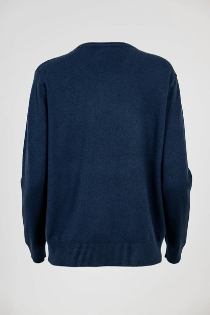 Тъмносин пуловер фино плетиво с обло деколте - Soft Blue-пуловери-6Sense