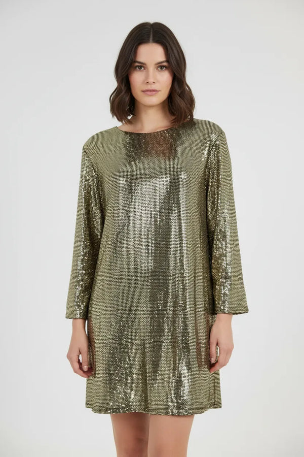 Златна рокля с пайети и панделка на гърба - Midnight Bow-рокли-6Sense